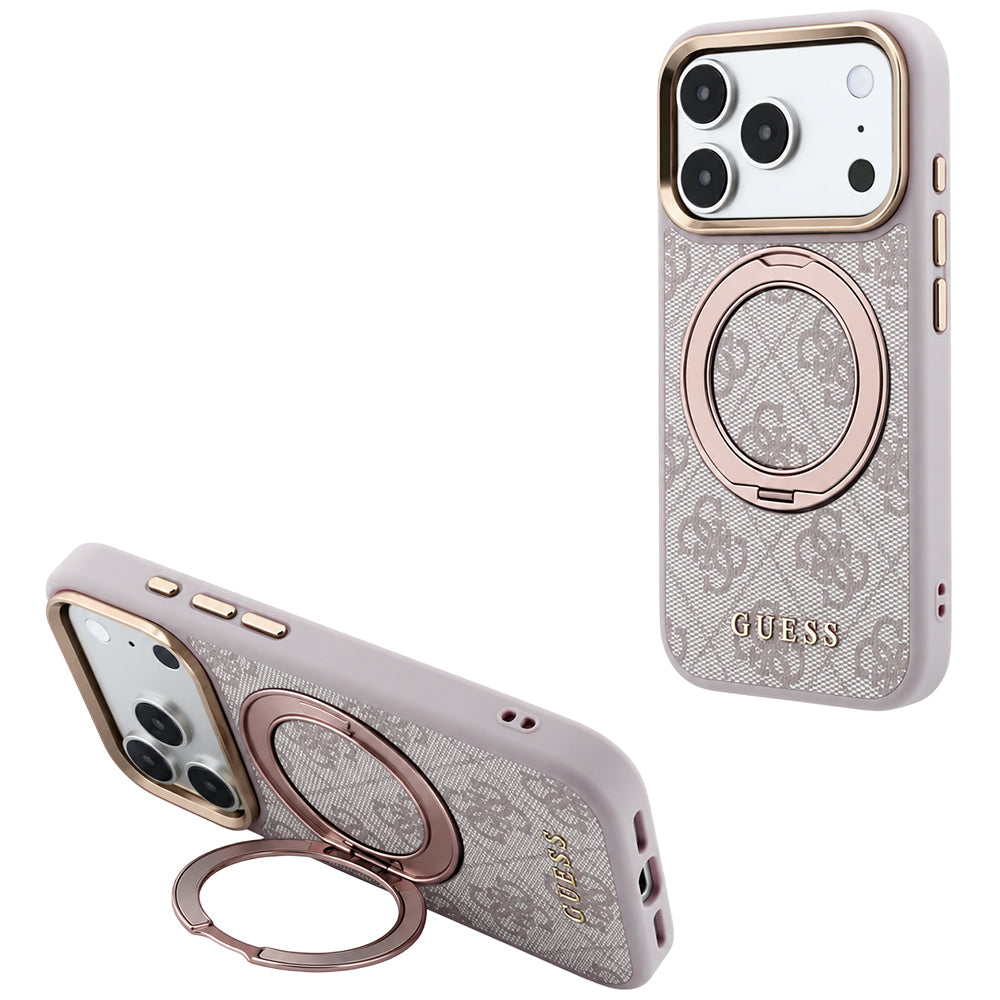 MagSafe maska za Apple iPhone 18 Pro / 17 Pro, Guess, Ring Stand 360 4G Classic Logo, Roza