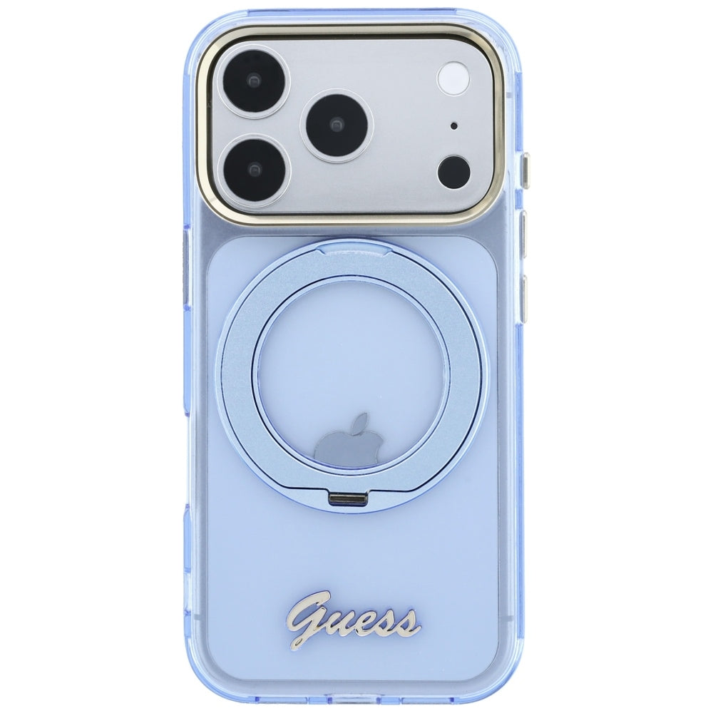 MagSafe maska za Apple iPhone 18 Pro / 17 Pro, Guess, Ring Stand Script Metal Logo, Plava