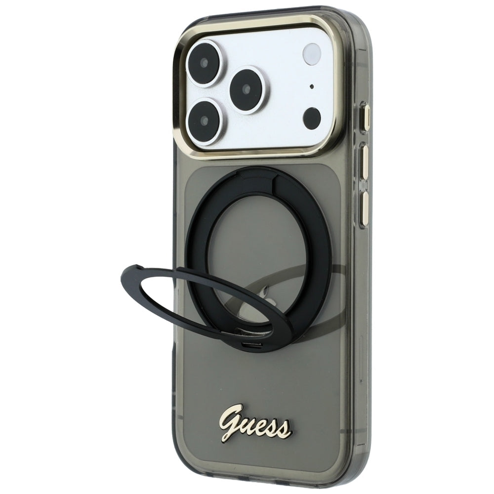 MagSafe futrola za Apple iPhone 18 Pro / 17 Pro, Guess, Ring Stand Script Metal Logo, Crna