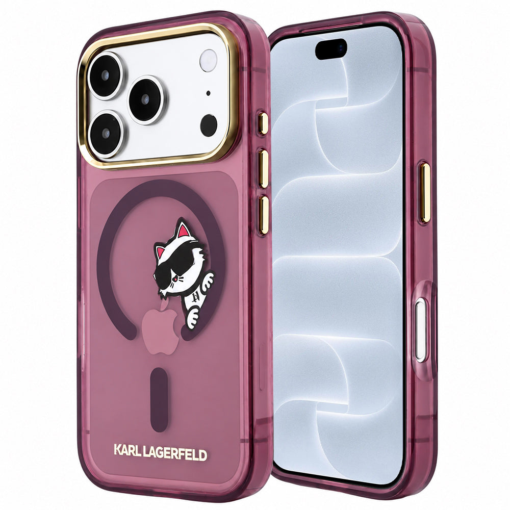Maska MagSafe za Apple iPhone 18 Pro / 17 Pro, Karl Lagerfeld, IML Peekaboo Print and Metal Frame, bordo boje