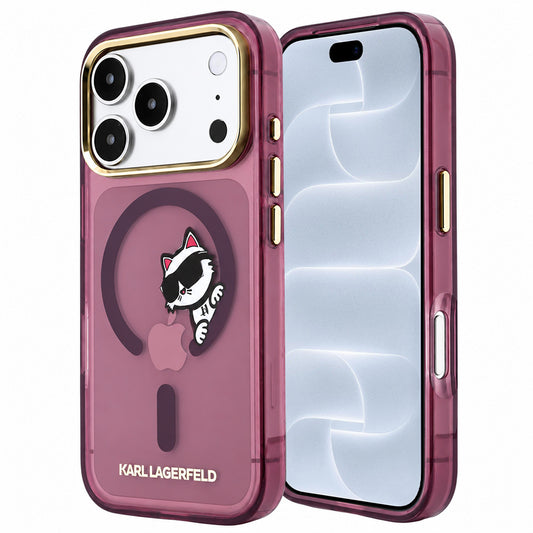 Maska MagSafe za Apple iPhone 18 Pro / 17 Pro, Karl Lagerfeld, IML Peekaboo Print and Metal Frame, bordo boje