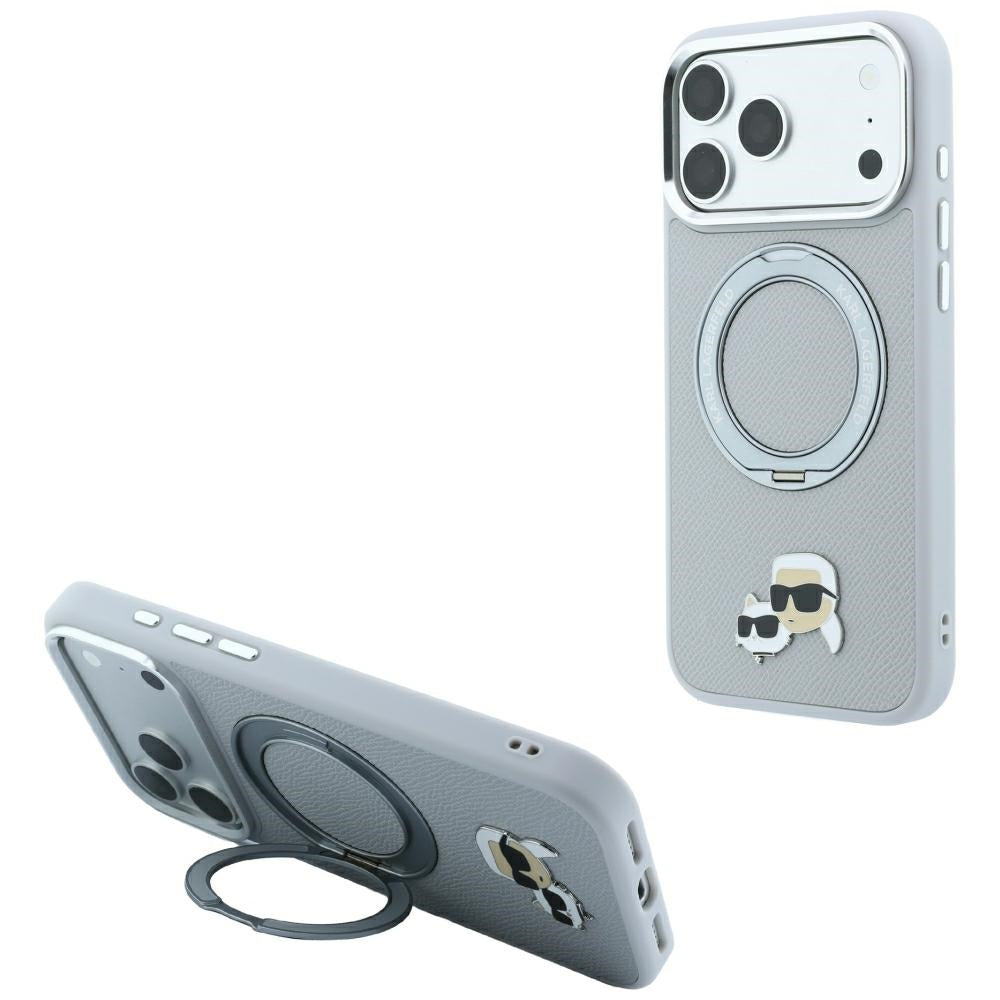 Maska MagSafe za Apple iPhone 18 Pro / 17 Pro, Karl Lagerfeld, Ring Stand 360 Karl & Choupette Pin, siva