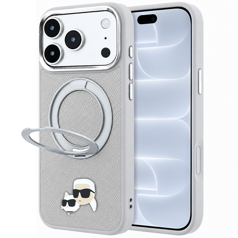 Maska MagSafe za Apple iPhone 18 Pro / 17 Pro, Karl Lagerfeld, Ring Stand 360 Karl & Choupette Pin, siva