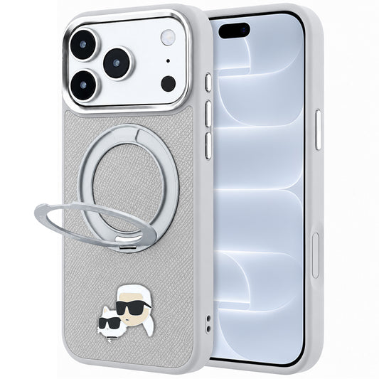 Maska MagSafe za Apple iPhone 18 Pro / 17 Pro, Karl Lagerfeld, Ring Stand 360 Karl & Choupette Pin, siva