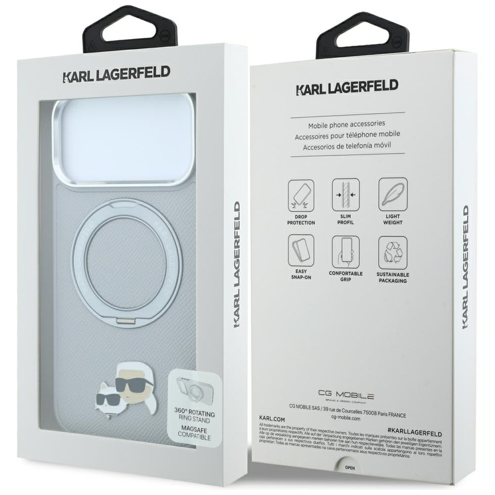 Maska MagSafe za Apple iPhone 18 Pro / 17 Pro, Karl Lagerfeld, Ring Stand 360 Karl & Choupette Pin, siva