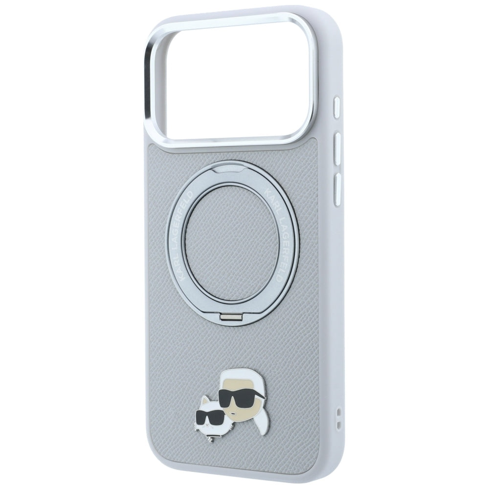 Maska MagSafe za Apple iPhone 18 Pro / 17 Pro, Karl Lagerfeld, Ring Stand 360 Karl & Choupette Pin, siva
