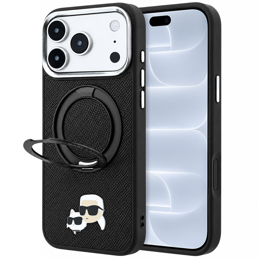 MagSafe futrola za Apple iPhone 18 Pro / 17 Pro, Karl Lagerfeld, Ring Stand 360 Karl & Choupette Pin, Crna