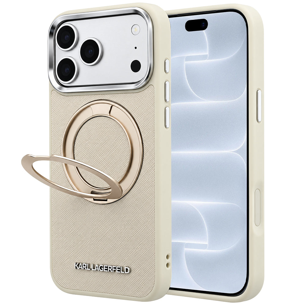 MagSafe maskica za Apple iPhone 18 Pro / 17 Pro, Karl Lagerfeld, Ring Stand 360 Saffiano, bež