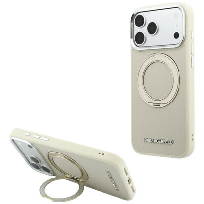 MagSafe maskica za Apple iPhone 18 Pro / 17 Pro, Karl Lagerfeld, Ring Stand 360 Saffiano, bež