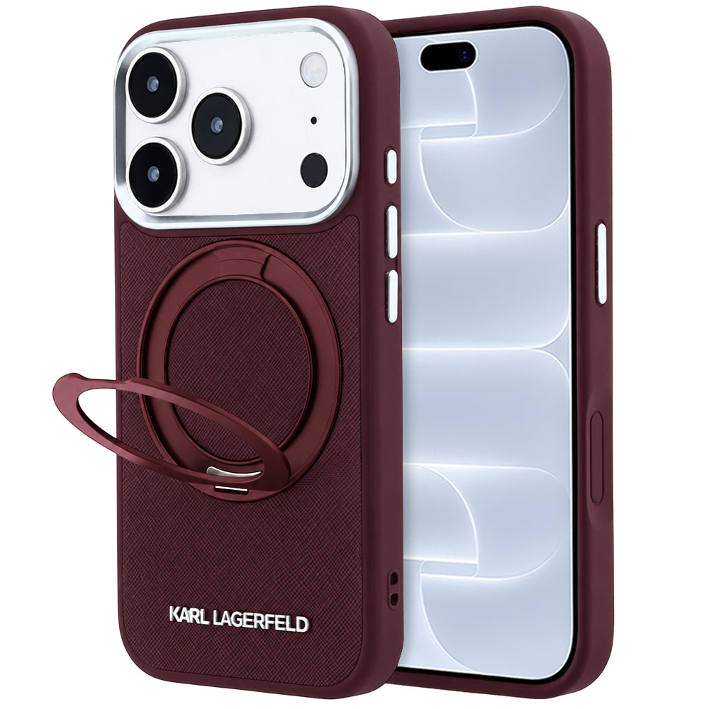 MagSafe maska za Apple iPhone 18 Pro / 17 Pro, Karl Lagerfeld, Ring Stand 360 Saffiano, boje višnje