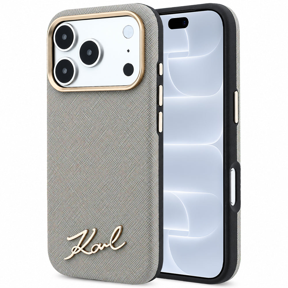 MagSafe maska za Apple iPhone 18 Pro / 17 Pro, Karl Lagerfeld, Saffiano Small Script Metal Logo, Sivo Bež