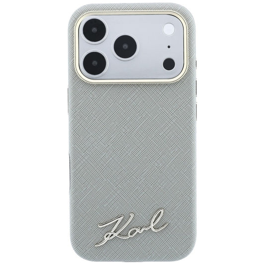 MagSafe maska za Apple iPhone 18 Pro / 17 Pro, Karl Lagerfeld, Saffiano Small Script Metal Logo, Sivo Bež
