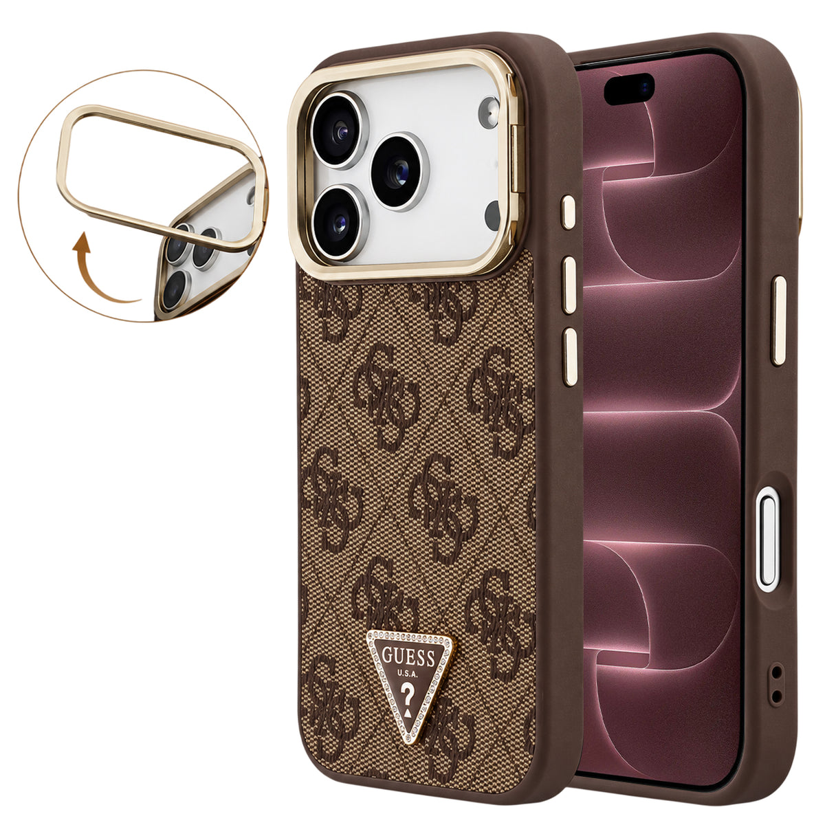 MagSafe maska za Apple iPhone 18 Pro Max / 17 Pro Max, Guess, 4G Triangle Logo & Stand Camera, smeđa