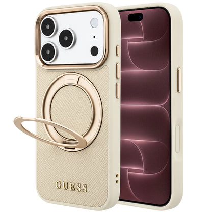 MagSafe futrola za Apple iPhone 18 Pro Max / 17 Pro Max, Guess, Grained Ring Stand 360 Classic, Bež