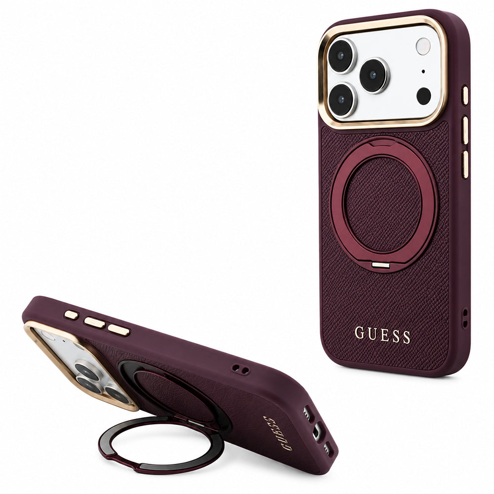 MagSafe futrola za Apple iPhone 18 Pro Max / 17 Pro Max, Guess, Grained Ring Stand 360 Classic, Bordo