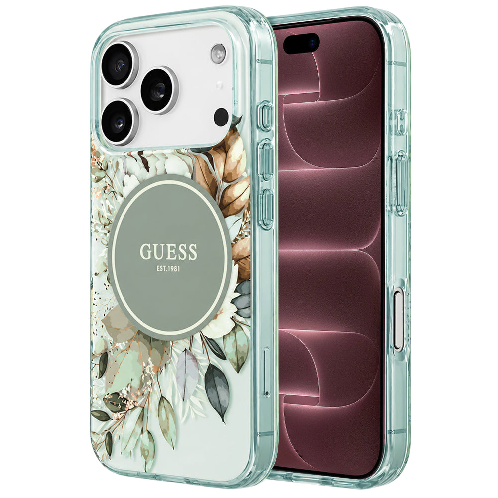 MagSafe maska za Apple iPhone 18 Pro Max / 17 Pro Max, Guess, IML Flower & Tonal Circle, zelena
