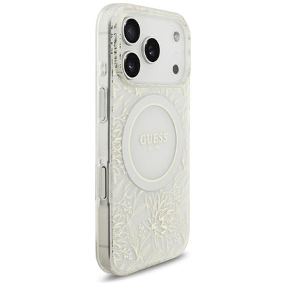 MagSafe futrola za Apple iPhone 18 Pro Max / 17 Pro Max, Guess, IML Flowers Electroplated with Pearl Strap, Bijela