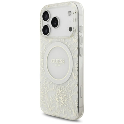 MagSafe futrola za Apple iPhone 18 Pro Max / 17 Pro Max, Guess, IML Flowers Electroplated with Pearl Strap, Bijela