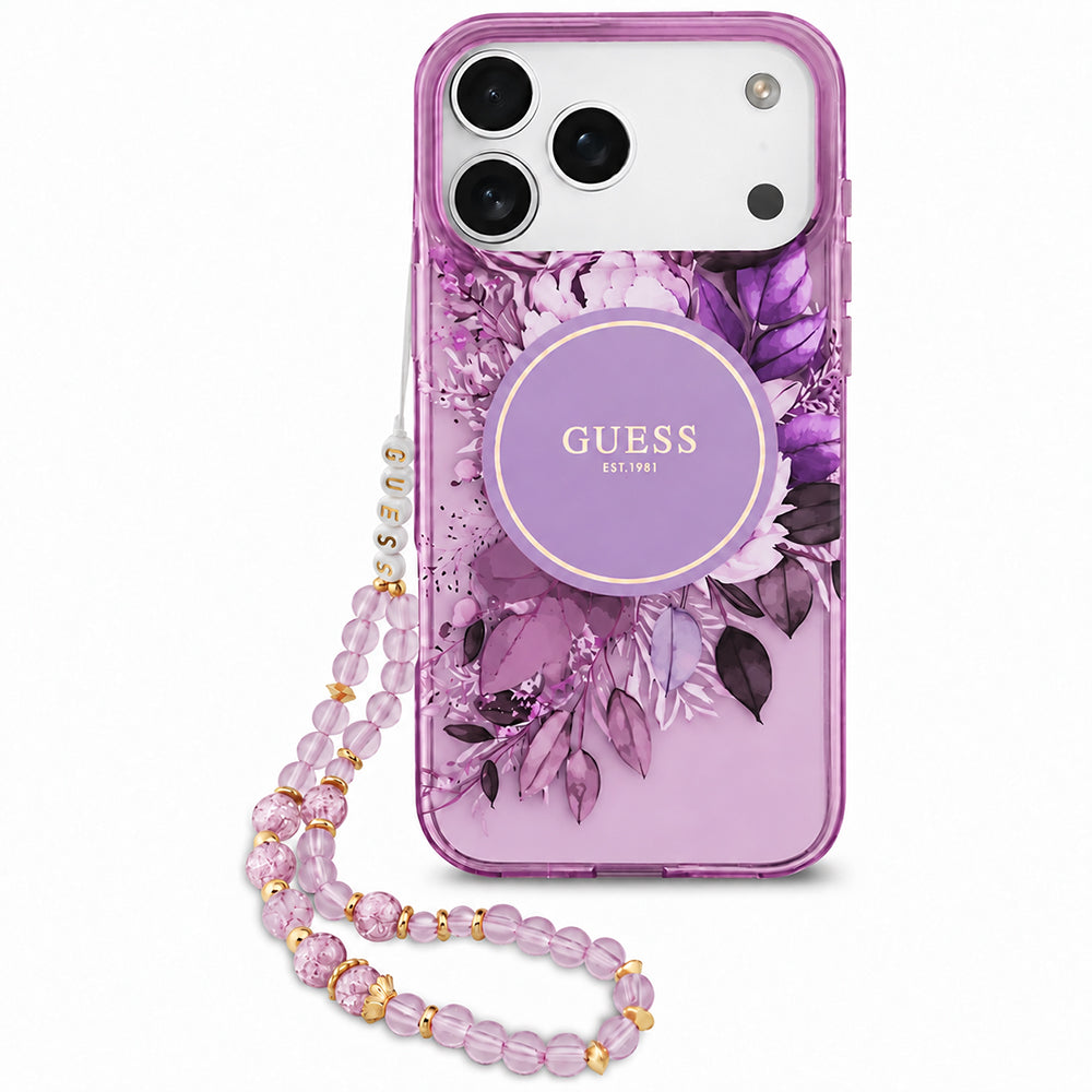 MagSafe maskica za Apple iPhone 18 Pro Max / 17 Pro Max, Guess, IML Flowers with Pearl Strap, ljubičasta