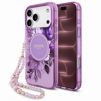 MagSafe maskica za Apple iPhone 18 Pro Max / 17 Pro Max, Guess, IML Flowers with Pearl Strap, ljubičasta