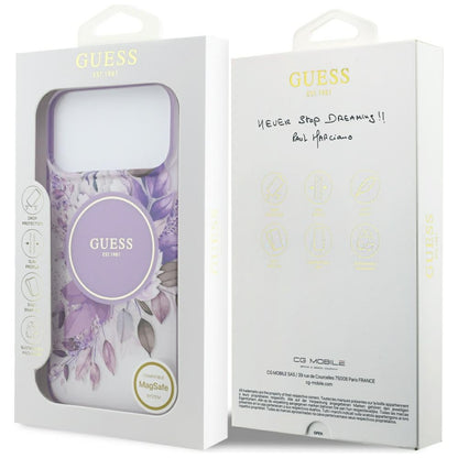 MagSafe maskica za Apple iPhone 18 Pro Max / 17 Pro Max, Guess, IML Flowers with Pearl Strap, ljubičasta
