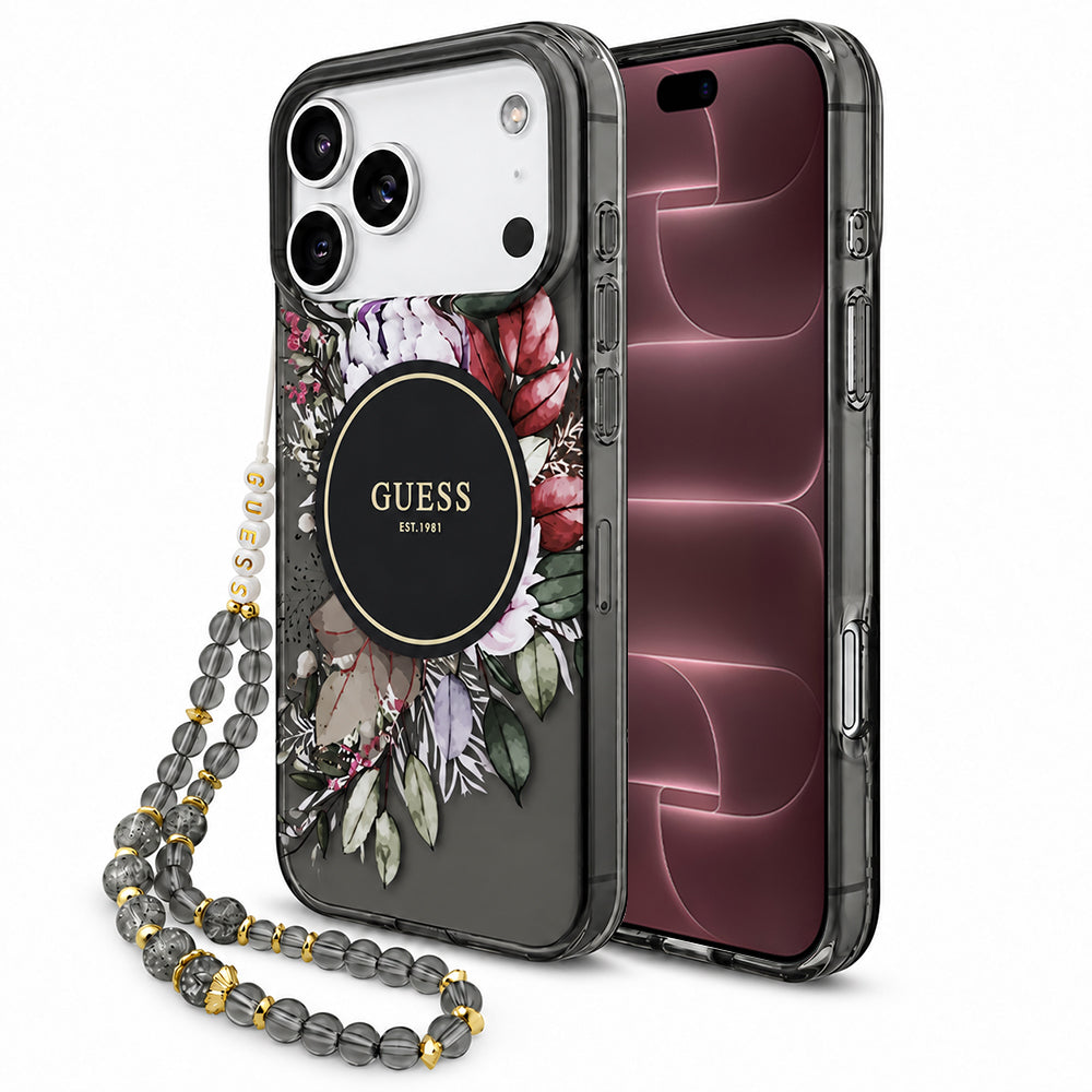 Maska MagSafe za Apple iPhone 18 Pro Max / 17 Pro Max, Guess, IML Flowers with Pearl Strap, crna