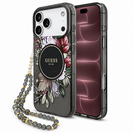 Maska MagSafe za Apple iPhone 18 Pro Max / 17 Pro Max, Guess, IML Flowers with Pearl Strap, crna