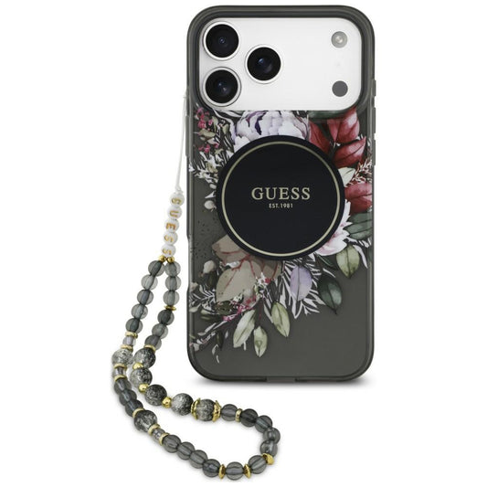 Maska MagSafe za Apple iPhone 18 Pro Max / 17 Pro Max, Guess, IML Flowers with Pearl Strap, crna