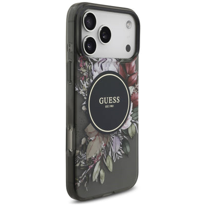 Maska MagSafe za Apple iPhone 18 Pro Max / 17 Pro Max, Guess, IML Flowers with Pearl Strap, crna
