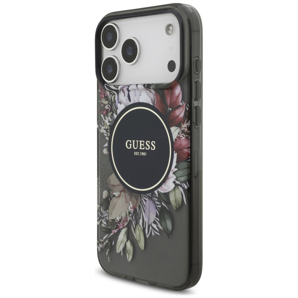Maska MagSafe za Apple iPhone 18 Pro Max / 17 Pro Max, Guess, IML Flowers with Pearl Strap, crna