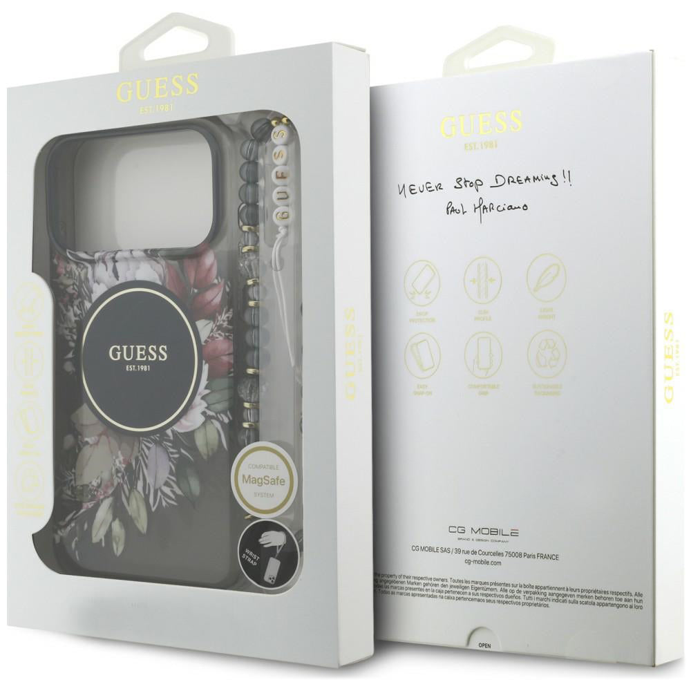 Maska MagSafe za Apple iPhone 18 Pro Max / 17 Pro Max, Guess, IML Flowers with Pearl Strap, crna