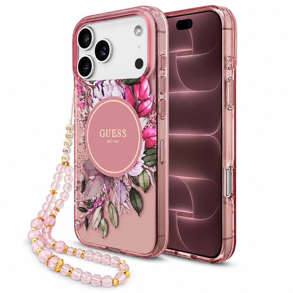 MagSafe maska za Apple iPhone 18 Pro Max / 17 Pro Max, Guess, IML Flowers with Pearl Strap, ružičasta