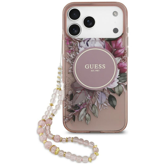 MagSafe maska za Apple iPhone 18 Pro Max / 17 Pro Max, Guess, IML Flowers with Pearl Strap, ružičasta