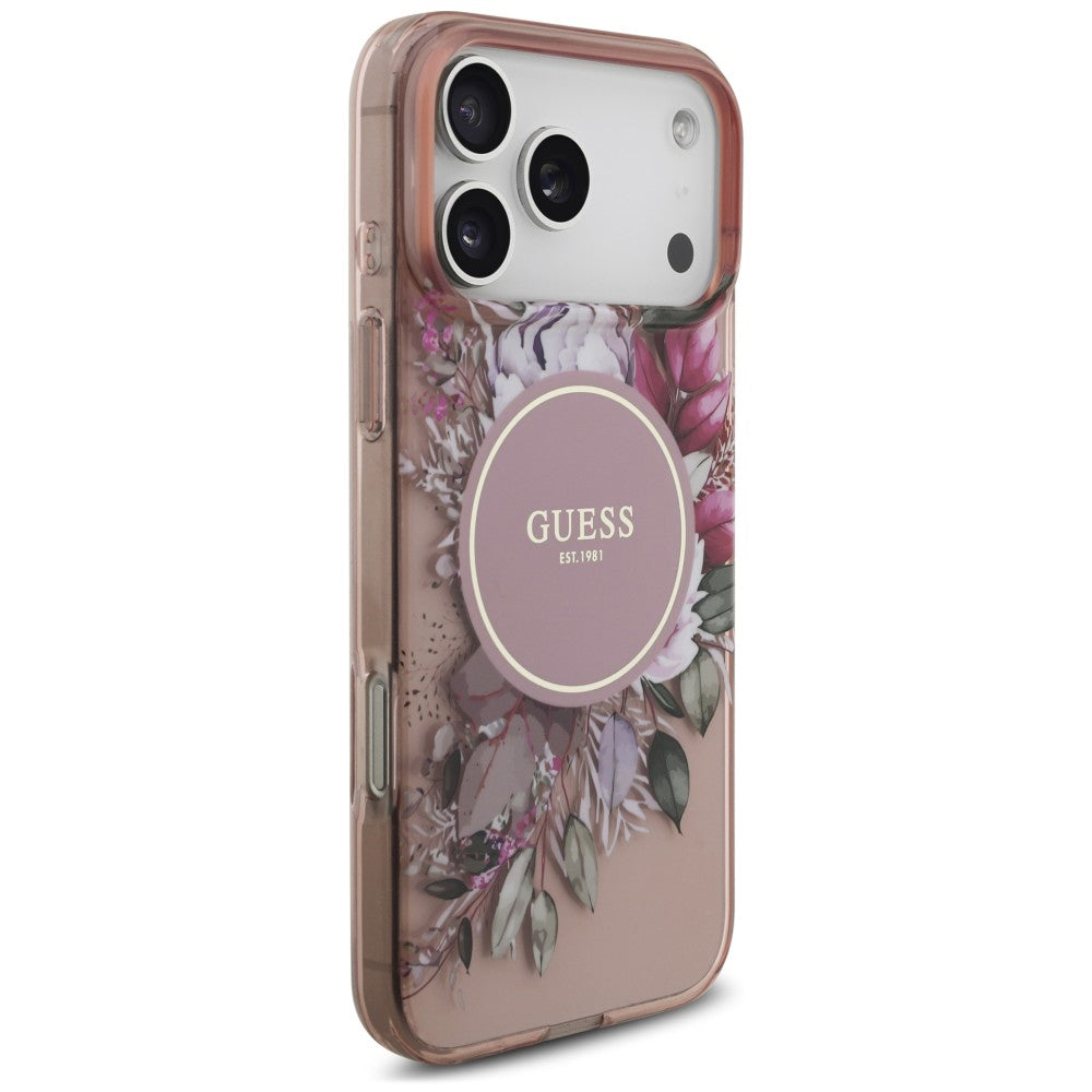 MagSafe maska za Apple iPhone 18 Pro Max / 17 Pro Max, Guess, IML Flowers with Pearl Strap, ružičasta