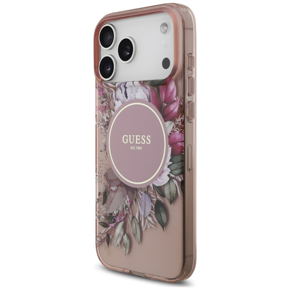 MagSafe maska za Apple iPhone 18 Pro Max / 17 Pro Max, Guess, IML Flowers with Pearl Strap, ružičasta