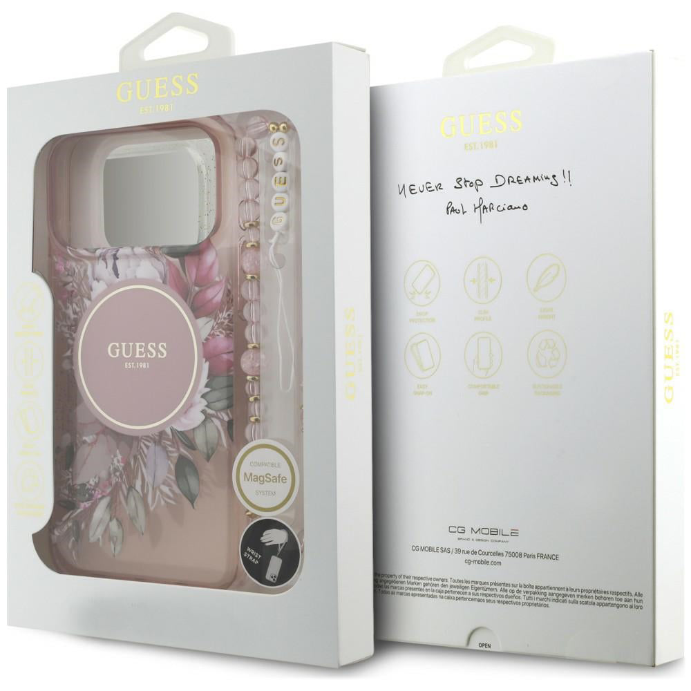 MagSafe maska za Apple iPhone 18 Pro Max / 17 Pro Max, Guess, IML Flowers with Pearl Strap, ružičasta