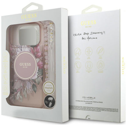 MagSafe maska za Apple iPhone 18 Pro Max / 17 Pro Max, Guess, IML Flowers with Pearl Strap, ružičasta