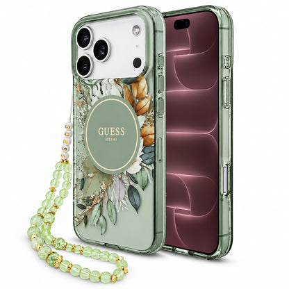 MagSafe maskica za Apple iPhone 18 Pro Max / 17 Pro Max, Guess, IML Flowers with Pearl Strap, zelena