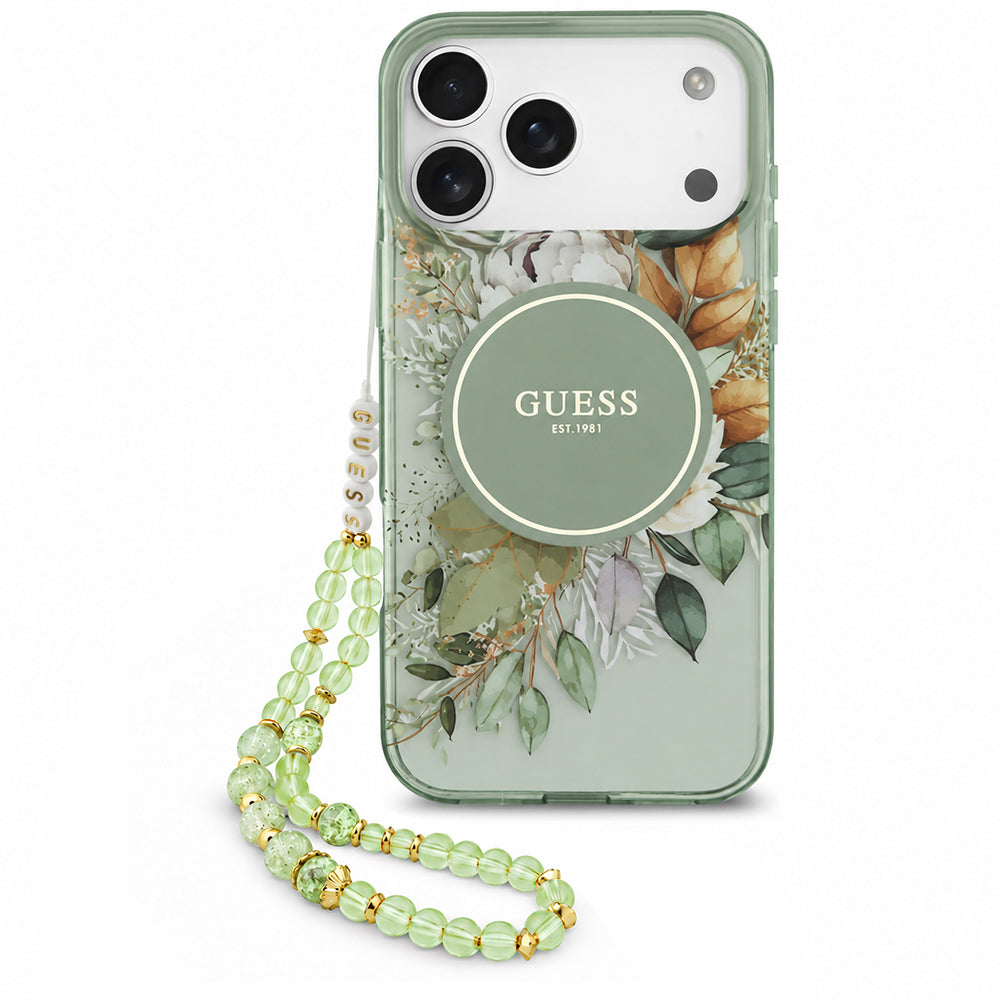 MagSafe maskica za Apple iPhone 18 Pro Max / 17 Pro Max, Guess, IML Flowers with Pearl Strap, zelena