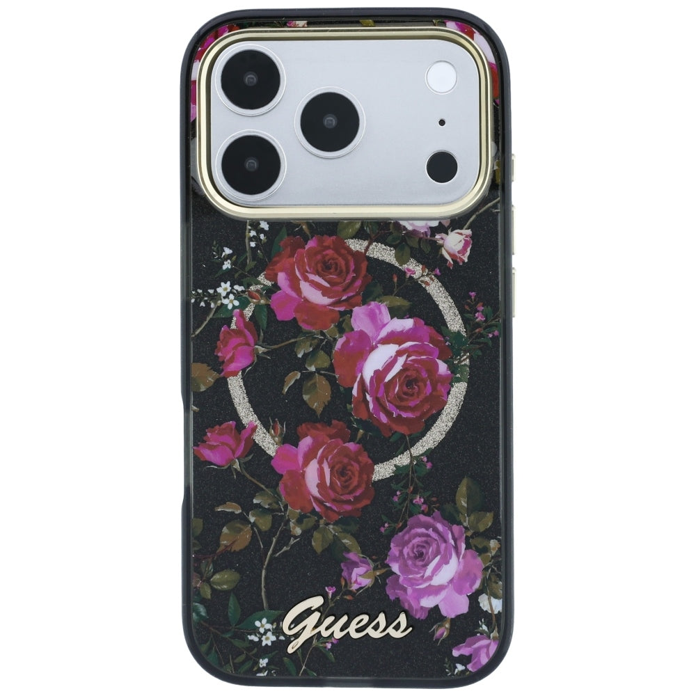 MagSafe maskica za Apple iPhone 18 Pro Max / 17 Pro Max, Guess, IML Glitter Blossom Roses, crna