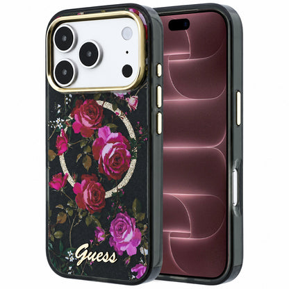 MagSafe maskica za Apple iPhone 18 Pro Max / 17 Pro Max, Guess, IML Glitter Blossom Roses, crna