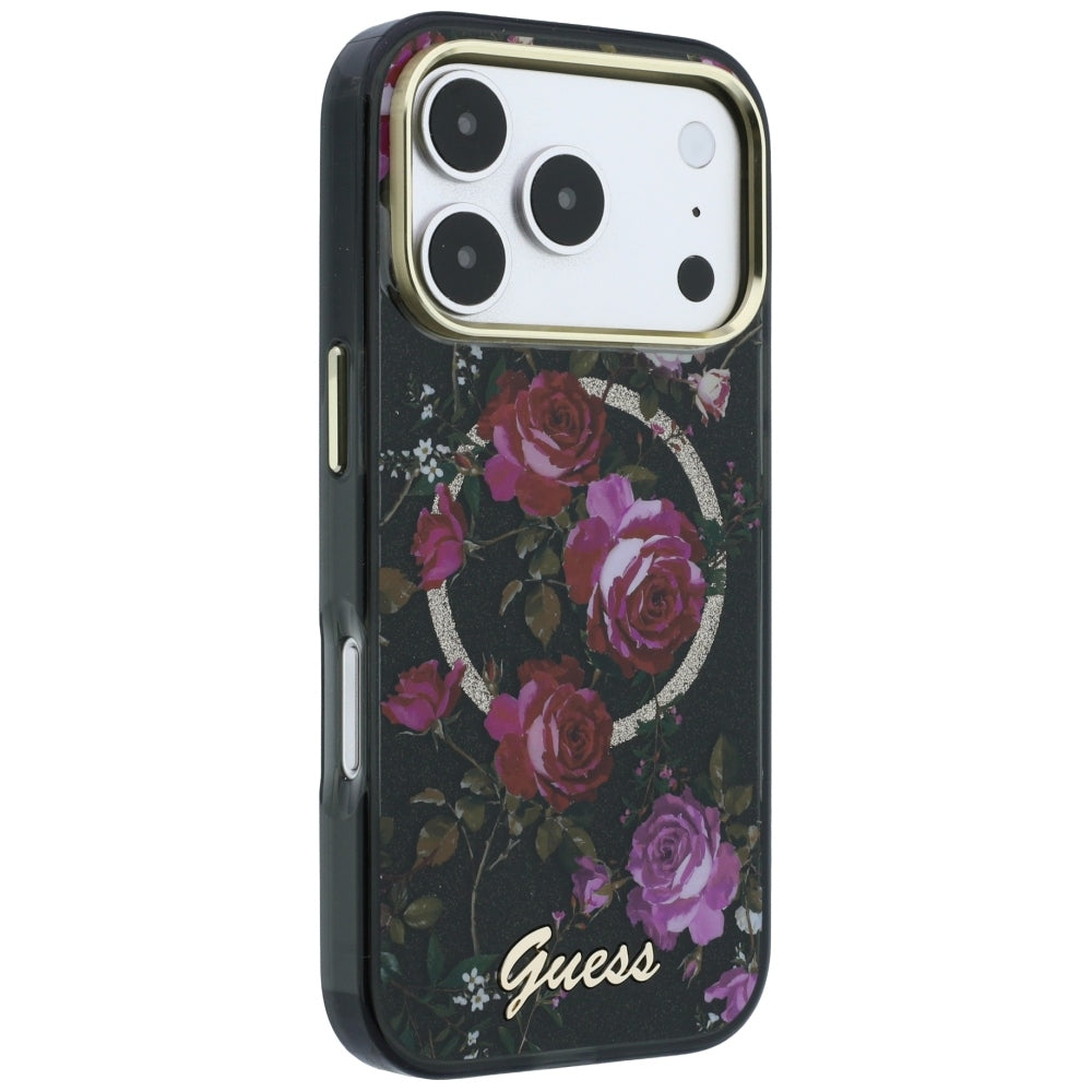 MagSafe maskica za Apple iPhone 18 Pro Max / 17 Pro Max, Guess, IML Glitter Blossom Roses, crna