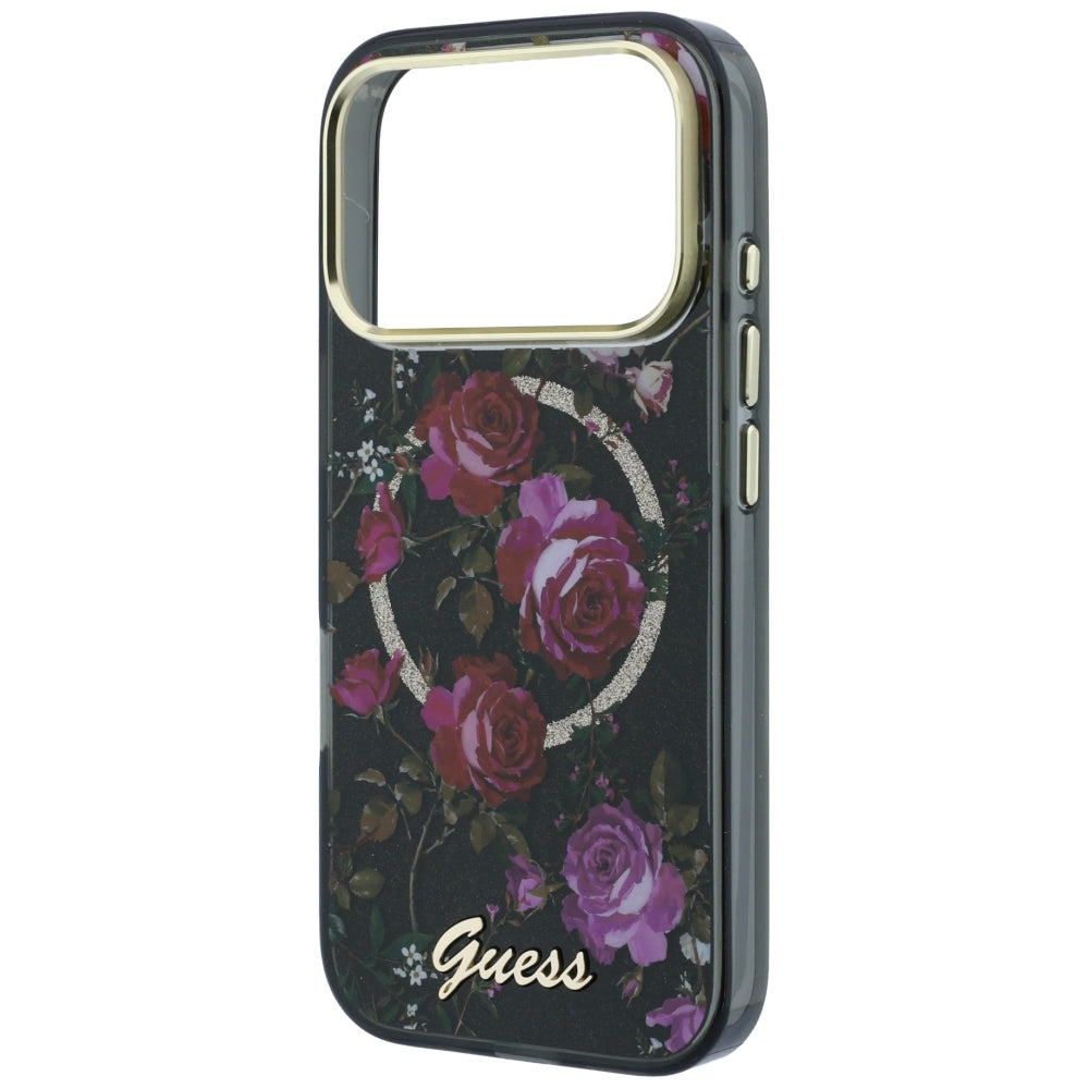 MagSafe maskica za Apple iPhone 18 Pro Max / 17 Pro Max, Guess, IML Glitter Blossom Roses, crna