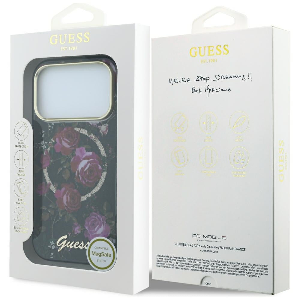 MagSafe maskica za Apple iPhone 18 Pro Max / 17 Pro Max, Guess, IML Glitter Blossom Roses, crna