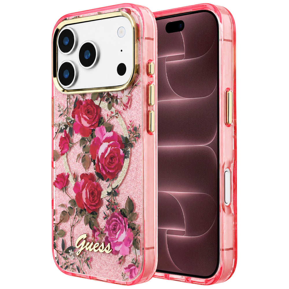 MagSafe maska za Apple iPhone 18 Pro Max / 17 Pro Max, Guess, IML Glitter Blossom Roses, ružičasta