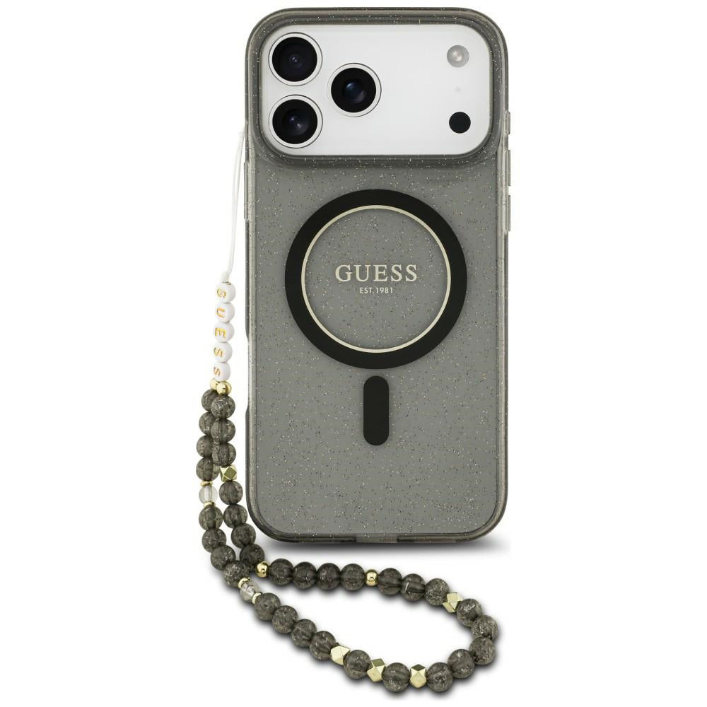 MagSafe maska za Apple iPhone 18 Pro Max / 17 Pro Max, Guess, IML Glitter with Pearl Strap, crna