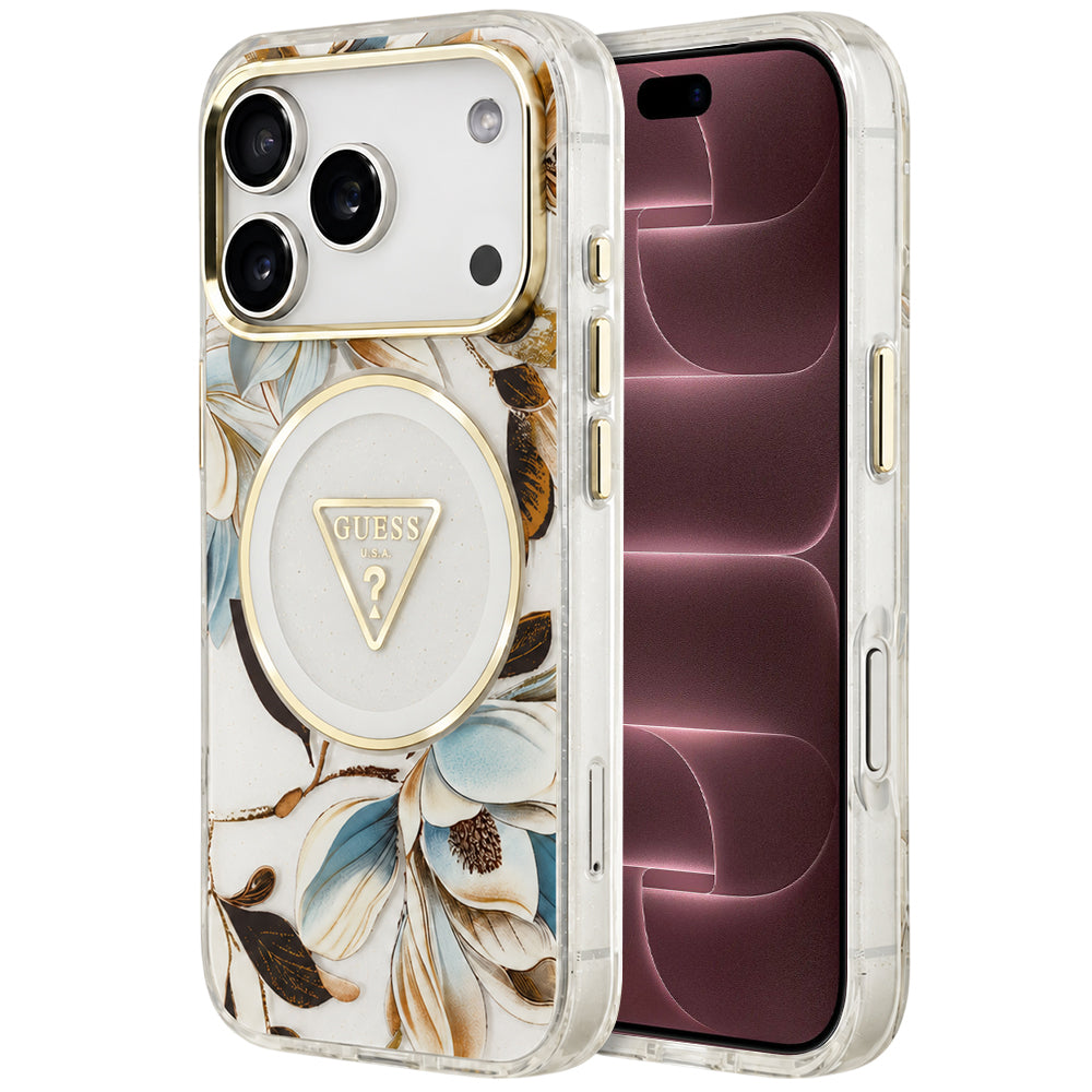 MagSafe maska za Apple iPhone 18 Pro Max / 17 Pro Max, Guess, IML Metal Glitter Flowers Triangle, bijela