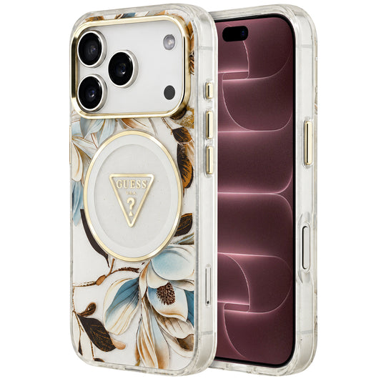 MagSafe maska za Apple iPhone 18 Pro Max / 17 Pro Max, Guess, IML Metal Glitter Flowers Triangle, bijela