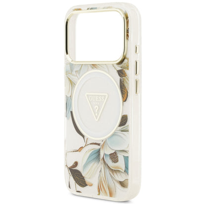 MagSafe maska za Apple iPhone 18 Pro Max / 17 Pro Max, Guess, IML Metal Glitter Flowers Triangle, bijela