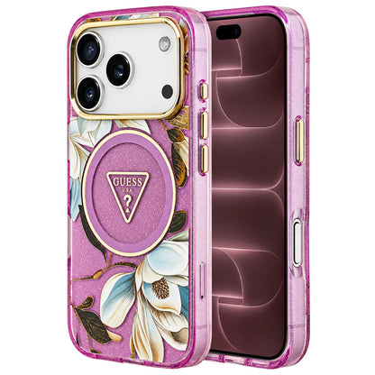 Maska MagSafe za Apple iPhone 18 Pro Max / 17 Pro Max, Guess, IML Metal Glitter Flowers Triangle, ljubičasta